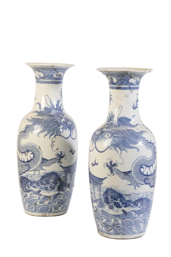 LARGE PAIR OF BLUE AND WHITE 'DRAGON' VASES, QING DYNASTY, 19TH CENTURY