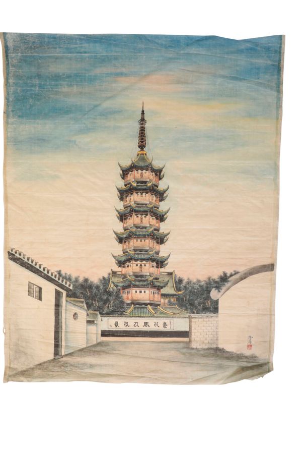 CHINESE SILK PAINTING OF A PAGODA, LATE QING DYNASTY