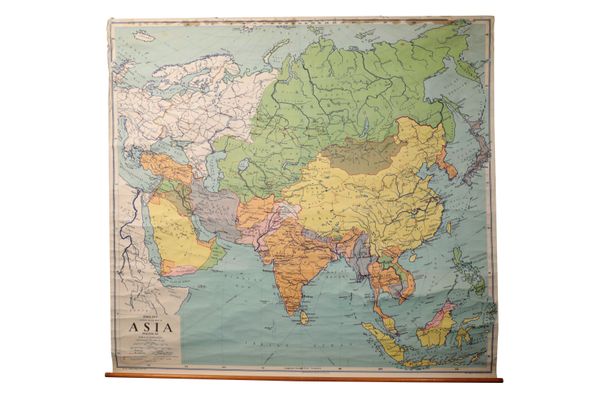 LARGE SCHOOL MAP OF ASIA, CIRCA 1962