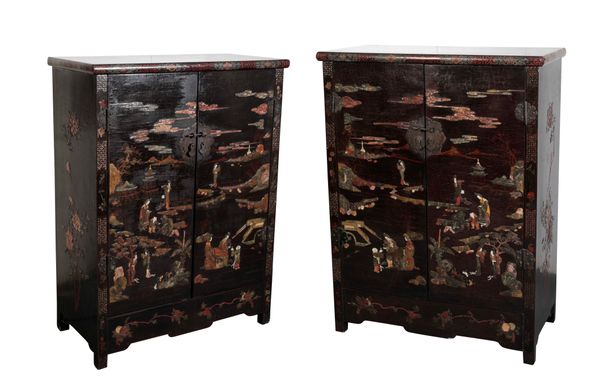 GOOD PAIR OF BLACK LACQUER, HARDSTONE AND MOTHER OF PEARL INLAID CABINETS, QING DYNASTY