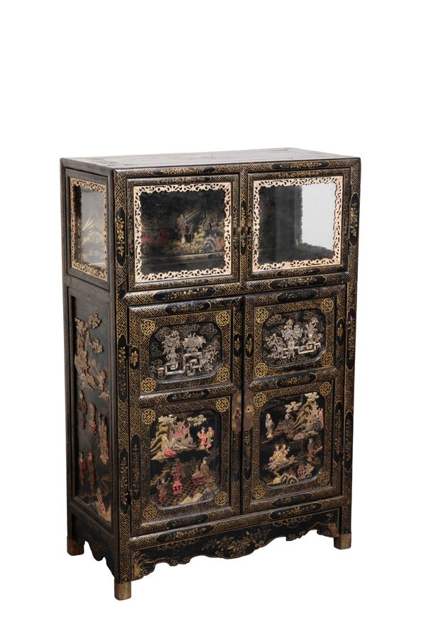 CHINESE BLACK LACQUER, BONE AND IVORY INALID CABINET, LATE QING DYTNASTY