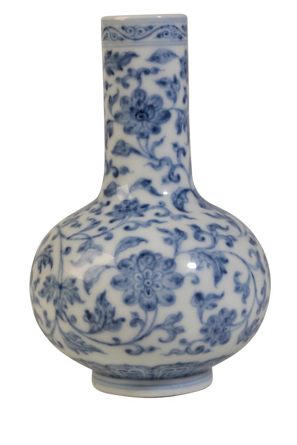 SMALL BLUE AND WHITE 'LOTUS' BOTTLE VASE, QIANLONG SEAL MARK A PROBABLY OF THE PERIOD