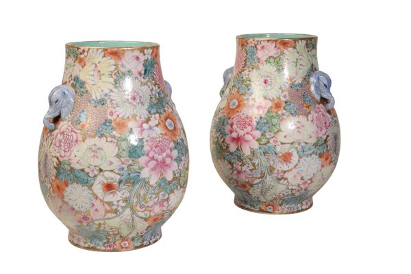 PAIR OF 'MILLE-FLEURS' VASES, HU, QIANLONG SEAL MARKS BUT REPUBLIC PERIOD