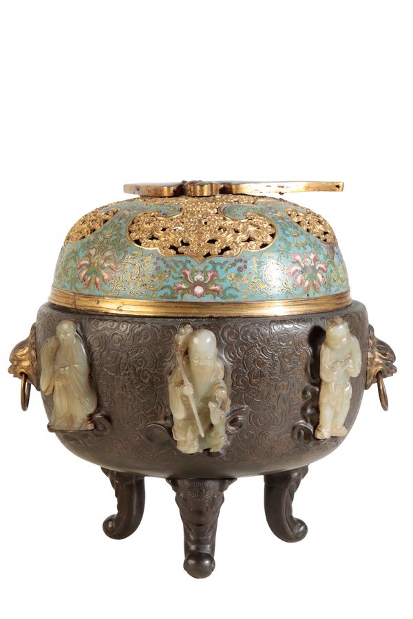 UNUSUAL BRONZE, CLOISONNE AND JADE MOUNTED CENSER, QIANLONG PERIOD AND LATER