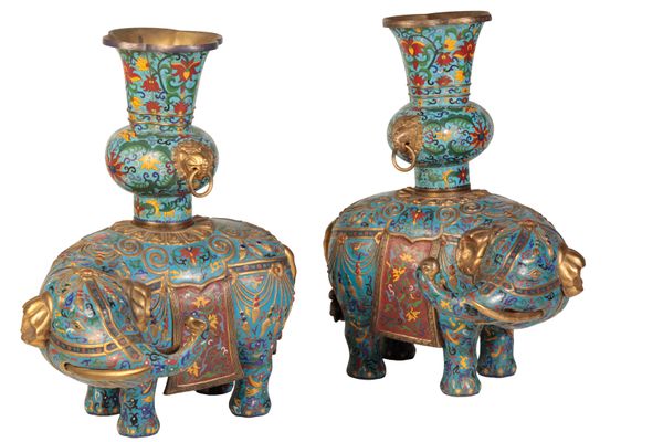 IMPRESSIVE PAIR OF CLOISONNE ELEPHANT INCENSE BURNERS, QING DYNASTY