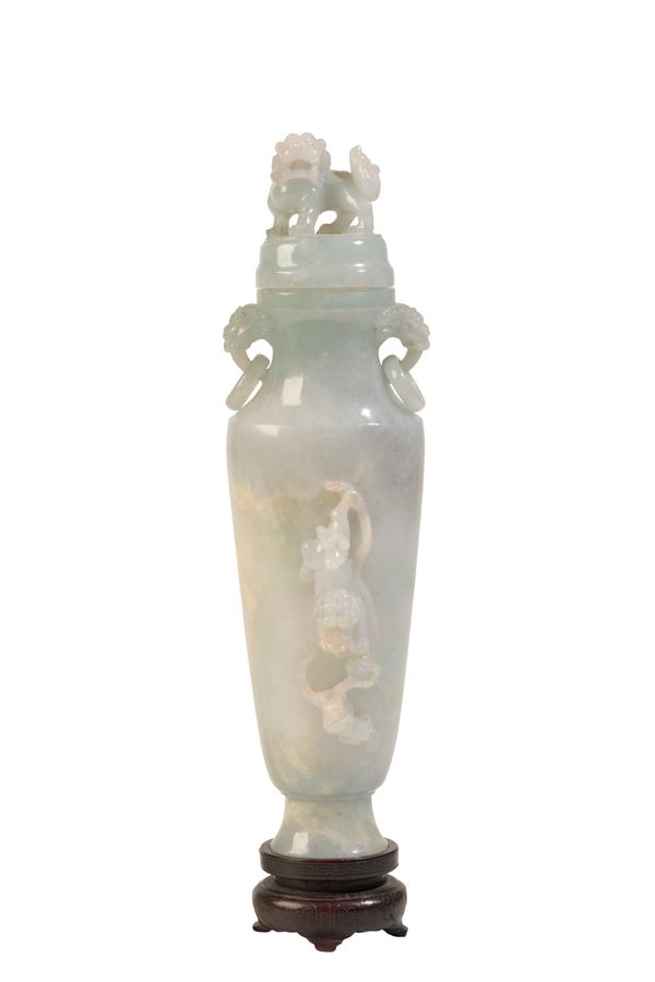 FINE CARVED JADEITE VASE AND COVER, LATE QING / EARLY REPUBLIC PERIOD