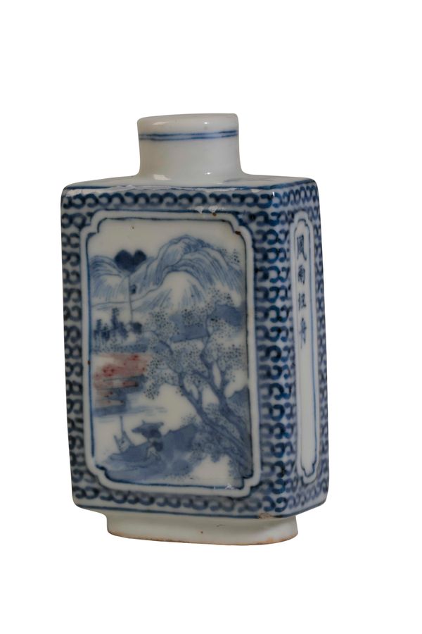 UNUSUAL BLUE AND WHITE AND IRON-RED SNUFF BOTTLE, QIANLONG FOUR CHARACTER MARK AND POSSIBLY oF THE PERIOD