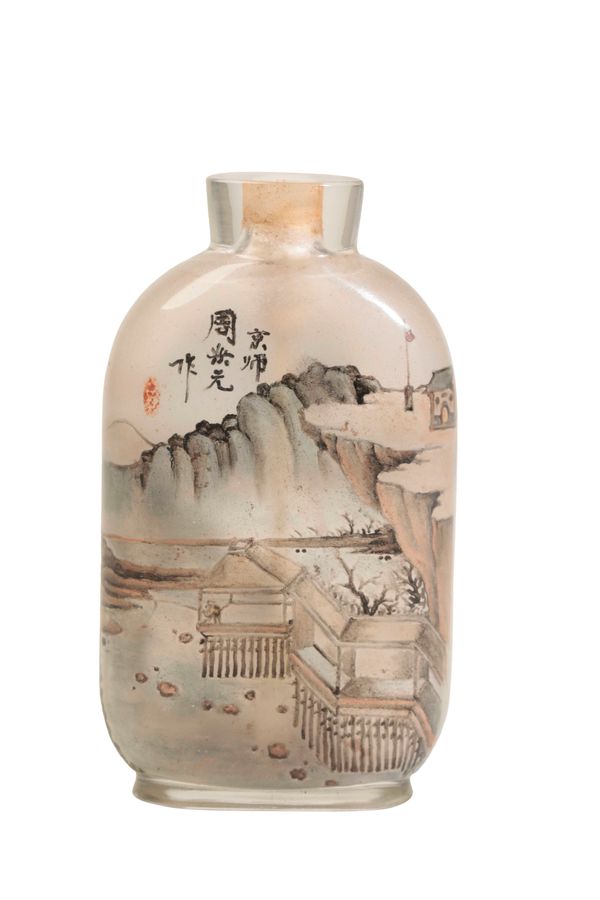 FINE REVERSE GLASS PAINTED SNUFF BOTTLE, SIGNED ZHOU LEYUAN