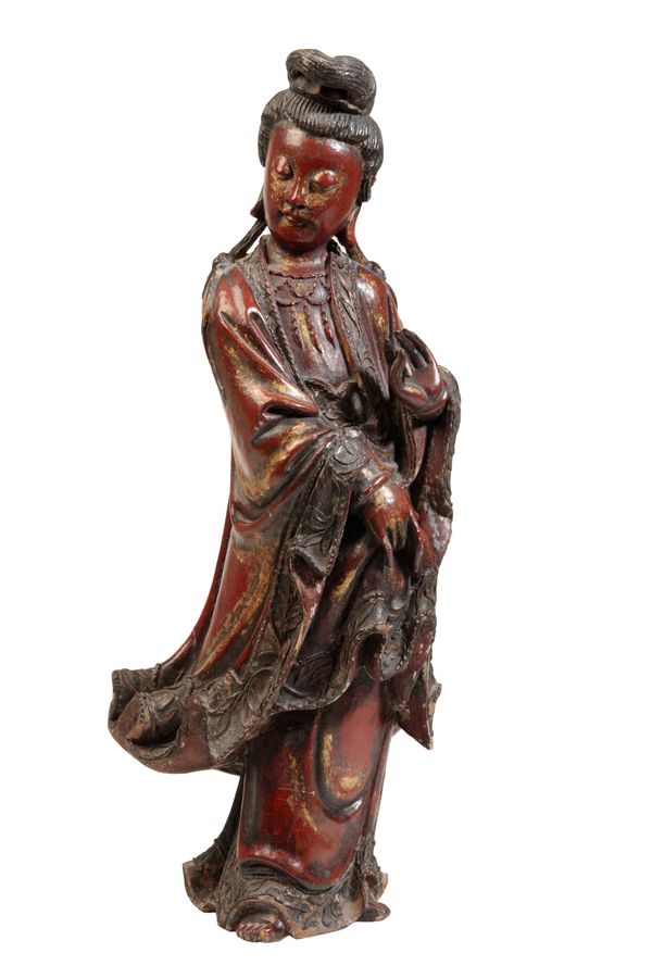 LARGE CARVED LACQUERED WOOD FIGURE OF GUANYIN, MING DYNASTY