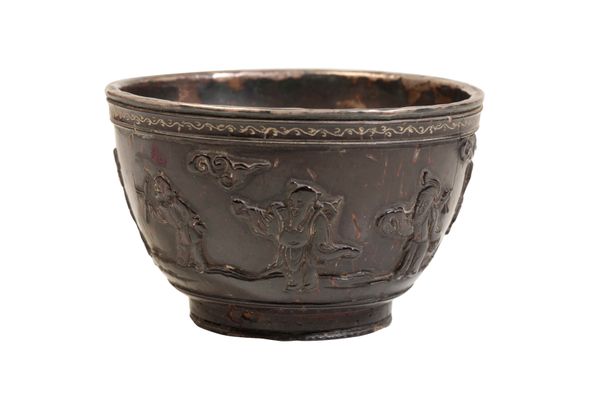 CARVED BAMBOO AND SILVER MOUNTED 'EIGHT IMMORTALS' TEA BOWL, KANGXI PERIOD