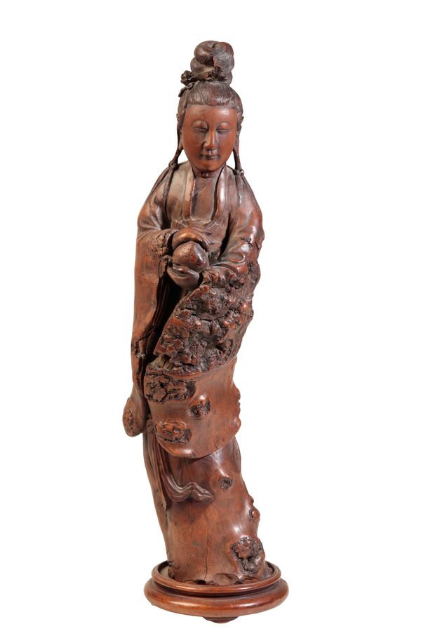 GOOD CARVED ROOTWOOD FIGURE OF GUANYIN, QING DYNASTY