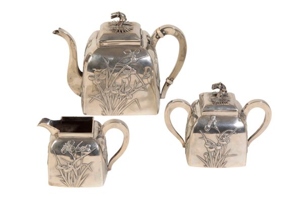 CHINESE EXPORT THREE PIECE SILVER TEA SERVICE, MARK OF WANG HING & CO., HONG KONG, CANTON AND SHANGHAI, CIRCA 1854-1930