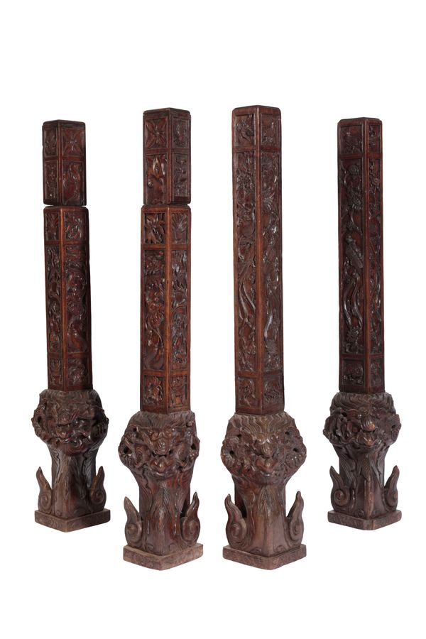 SET OF FOUR CARVED HARDWOOD 'DRAGON' PILASTERS, QING DYNASTY