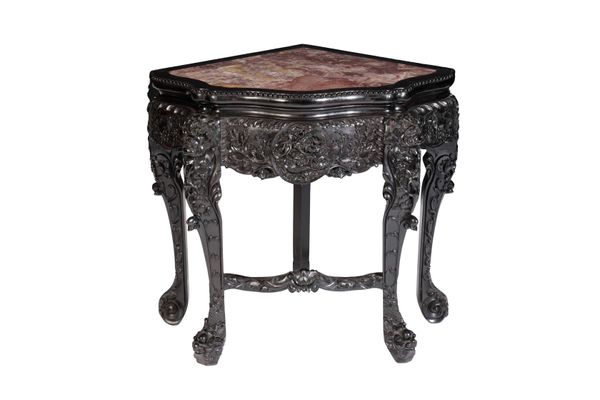 CARVED 'BLACKWOOD' CORNER 'FIVE-LEGGED' TABLE, QING DYNASTY, 19TH CENTURY