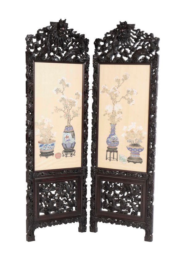 FINE CARVED 'BLACKWOOD' TWO FOLD SCREEN, QING DYNASTY, 19TH CENTURY