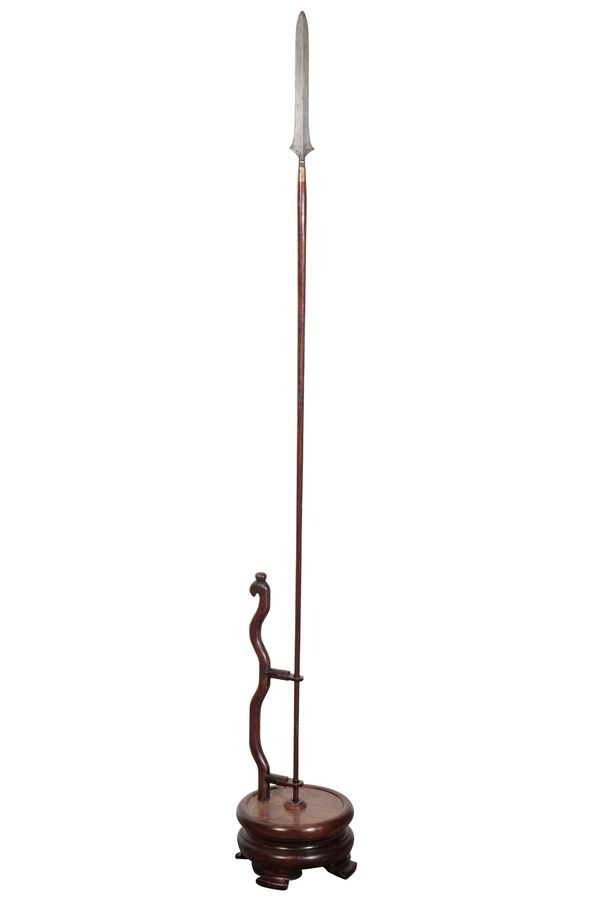 CHINESE HUALI-WOOD AND STEEL HUNTING SPEAR, QING DYNASTY
