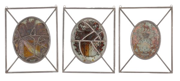 COLLECTION OF SIX STAINED AND LEADED GLASS PANELS