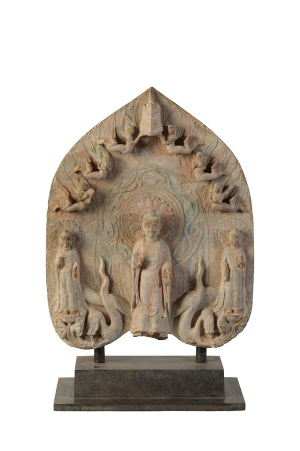 INDIAN SCUPLTED AND PAINTED LIMESTONE BUDDHISTIC FIGURAL PANEL
