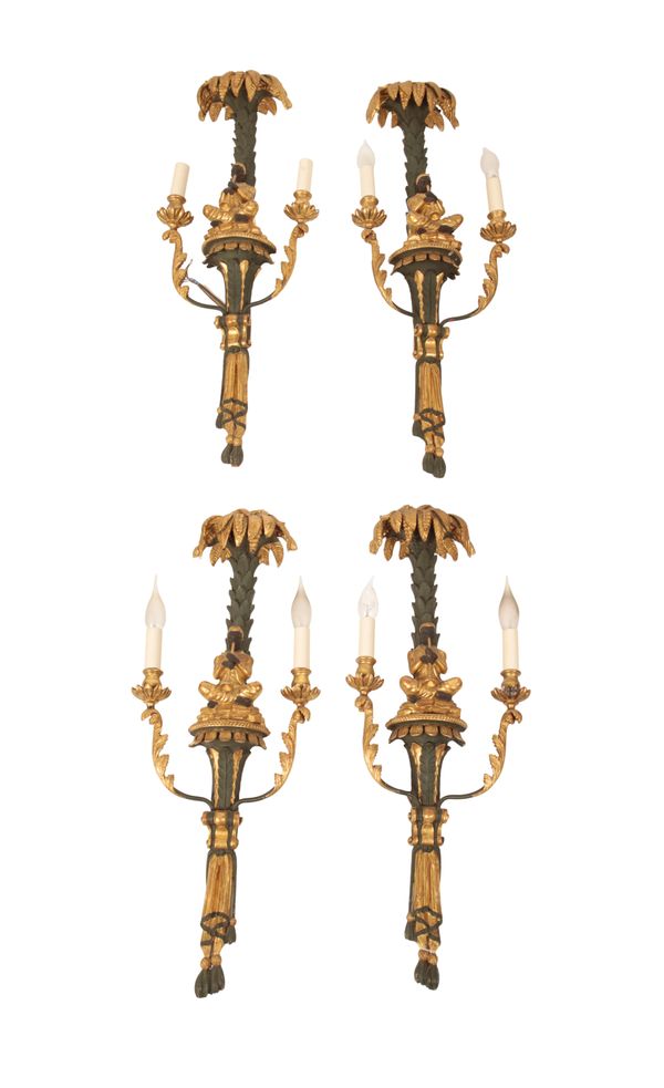 SET OF FOUR CARVED PAINTED-GILTWOOD AND GESSO WALL SCONCES