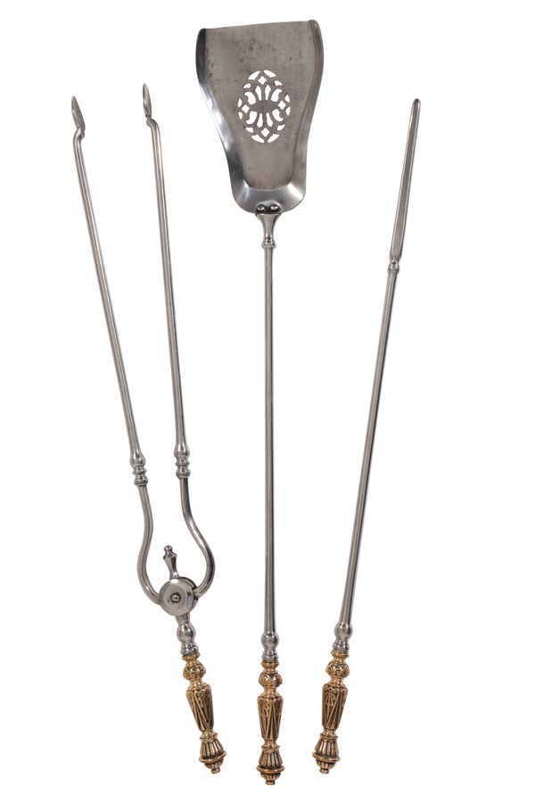 A SET OF GEORGE IV STEEL AND BRASS MOUNTED FIRE IRONS,