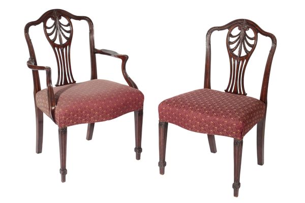 A SET OF SIX MAHOGANY AND UPHOLSTERED DINING CHAIRS IN GEORGE III STYLE