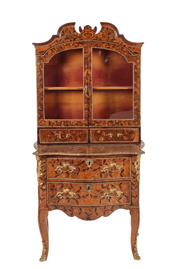 A DUTCH WALNUT, MARQUETRY AND GLAZED CABINET ON CHEST,