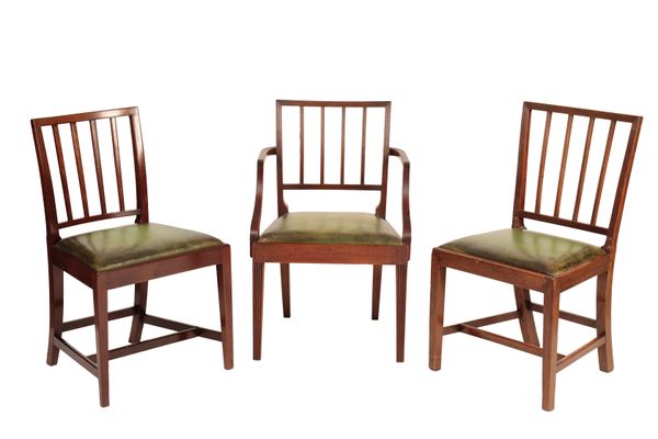 A SET OF SIX STAINED MAHOGANY AND LEATHER UPHOLSTERED DINING CHAIRS