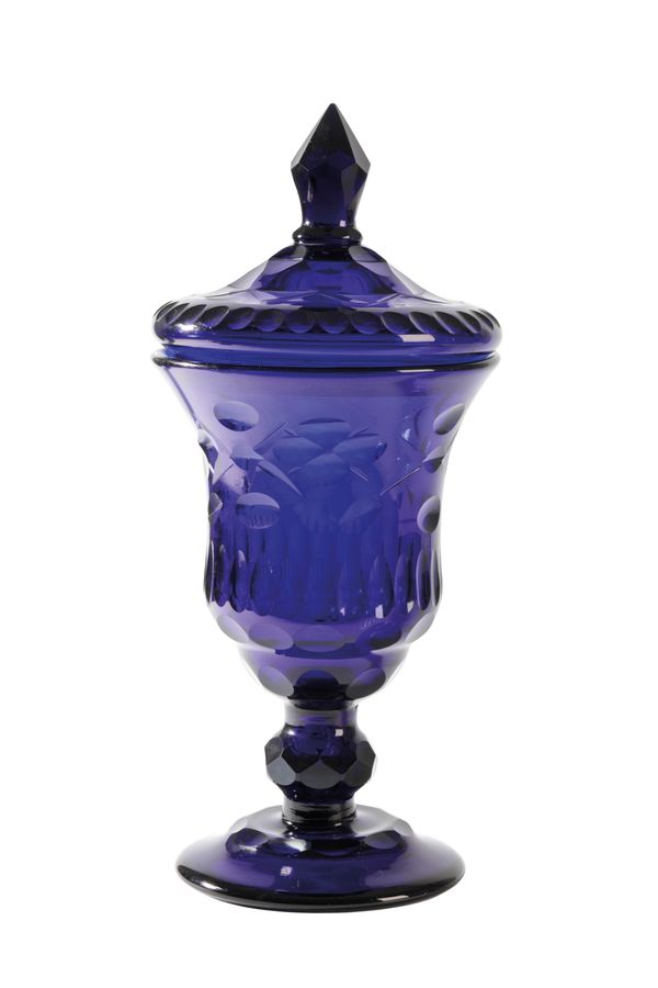 LARGE BOHEMIAN BLUE GLASS CUP AND COVER