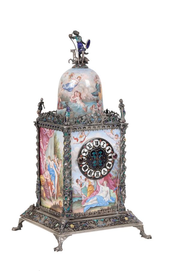 AN ENAMELLED SILVER COLOURED METAL DESK TIMEPIECE, PROBABLY VIENNESE,