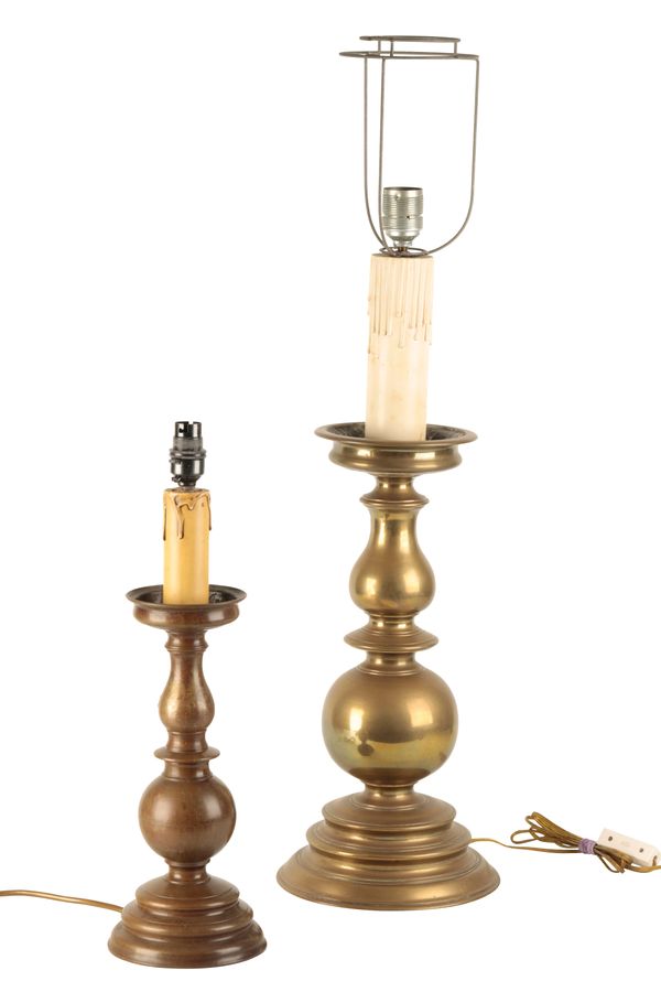 TWO BRASS TABLE LAMPS IN THE STYLE OF 17TH CENTURY CANDLESTICKS,