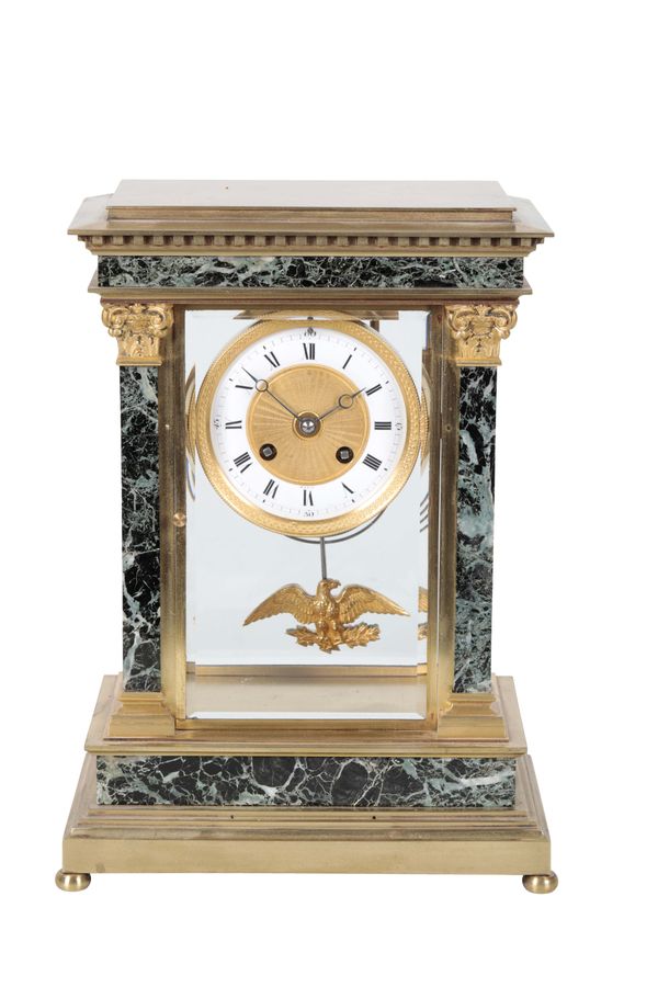 A VICTORIAN FOUR GLASS, GILT BRONZE AND ITALIAN SERPENTINE MARBLE MOUNTED MANTEL CLOCK,