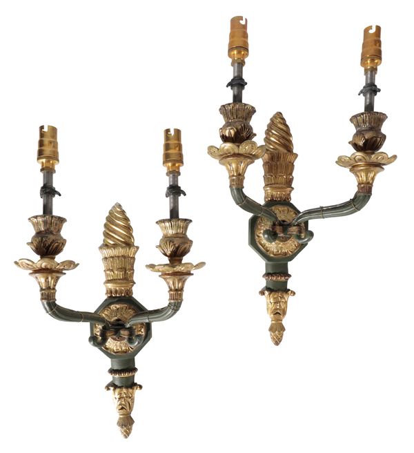 A PAIR OF PAINTED AND PARCEL GILT BRONZE TWIN LIGHT WALL APPLIQUES IN REGENCY EMPIRE STYLE,