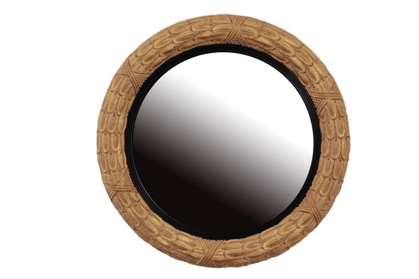 GILTWOOD AND COMPOSITION FRAMED CONVEX WALL MIRROR IN REGENCY STYLE,