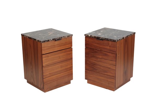 A PAIR OF MARBLE TOPPED BEDSIDE CABINETS