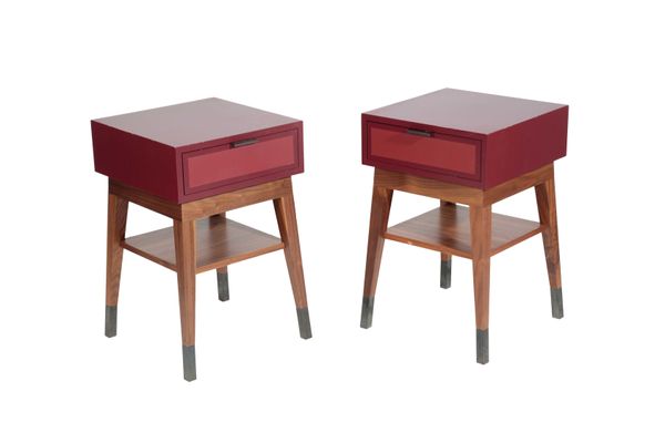 A PAIR OF BESPOKE BEDSIDE CABINETS IN RED