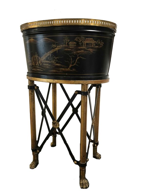 A JAPANNED JARDINIERE ON STAND,