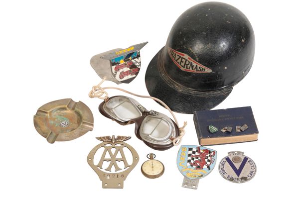 COLLECTION OF AUTOMOBILIA TO INCLUDE A VINTAGE FRAZER NASH HELMET