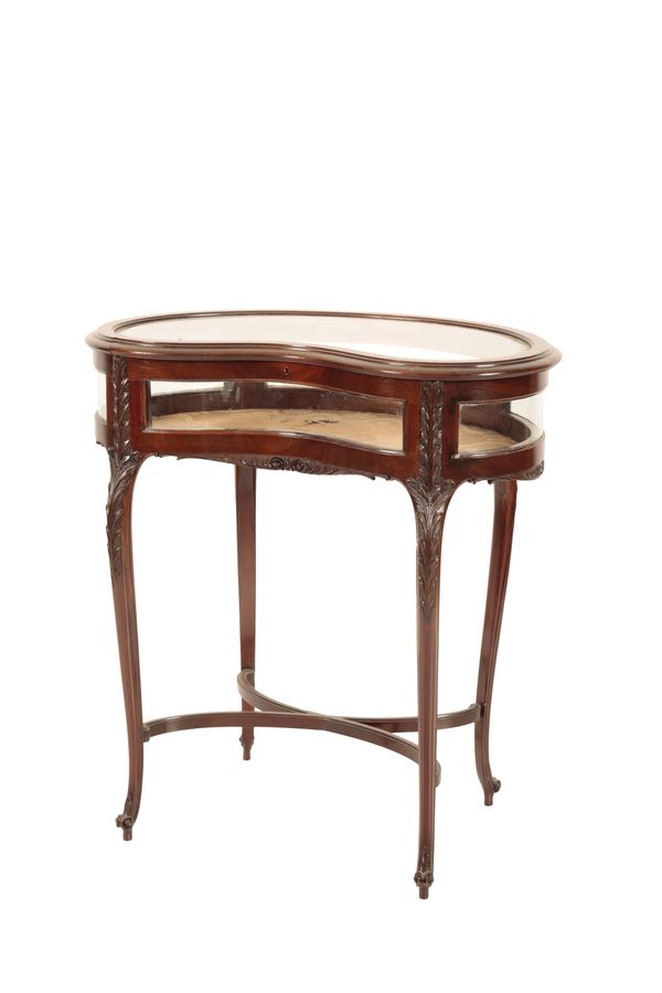 A CARVED AND STAINED HARDWOOD AND GLAZED BIJOUTERIE TABLE,