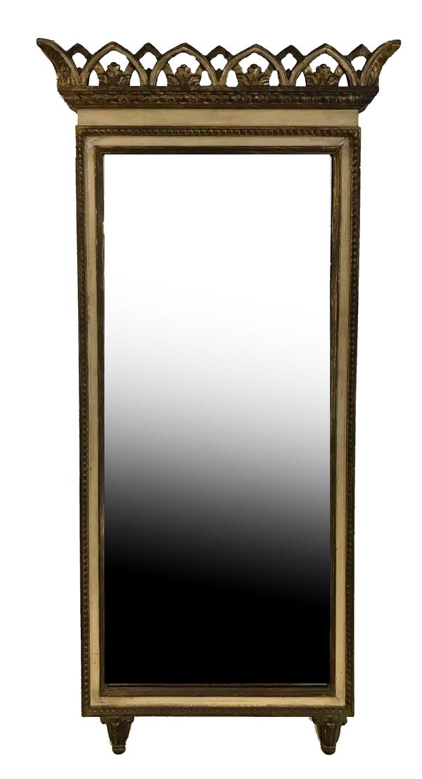 A PAINTED AND PARCEL GILTWOOD FRAMED PIER MIRROR IN REGENCY STYLE,