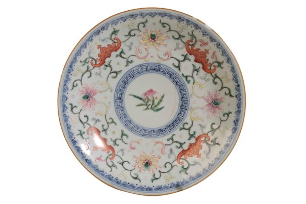 FAMILLE ROSE 'LOTUS AND BATS' DISH, QIANLONG MARK