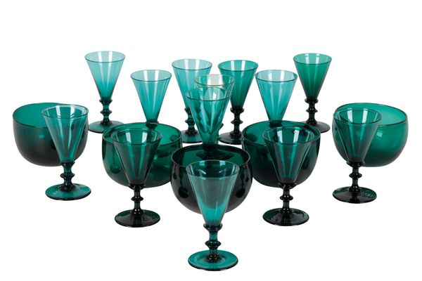 ASSEMBLED SET OF 14 GREEN STEM GLASSES, 19TH CENTURY