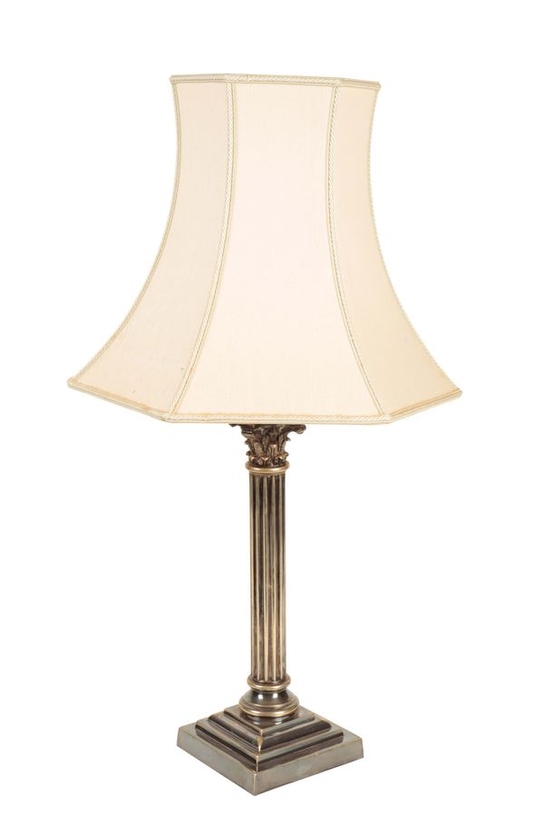 A SILVER PLATED METAL COLUMNAR TABLE LAMP,