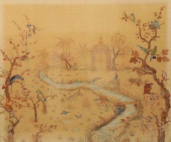 A SILWORK EMBROIDERY PICTURE OF BIRDS AND ANIMALS IN A LANDSCAPE,