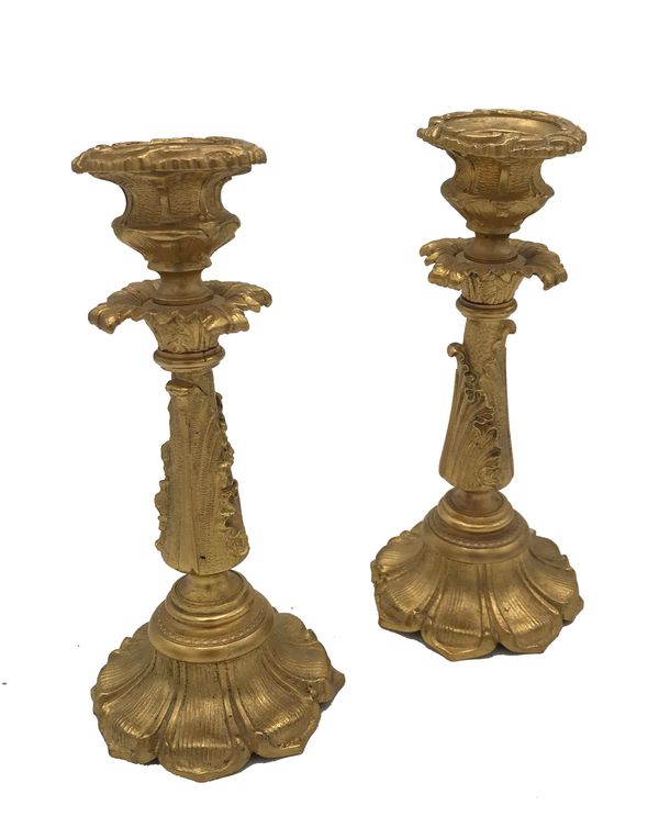 A PAIR OF VICTORIAN GILT BRONZE CANDLESTICKS,