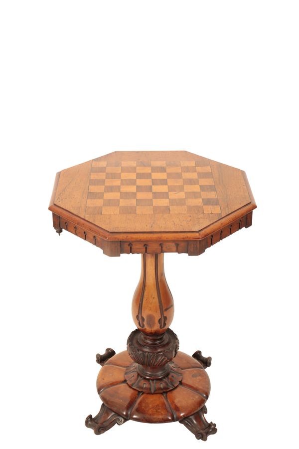 A VICTORIAN ROSEWOOD AND CHEQUER PARQUETRY GAMES TABLE,