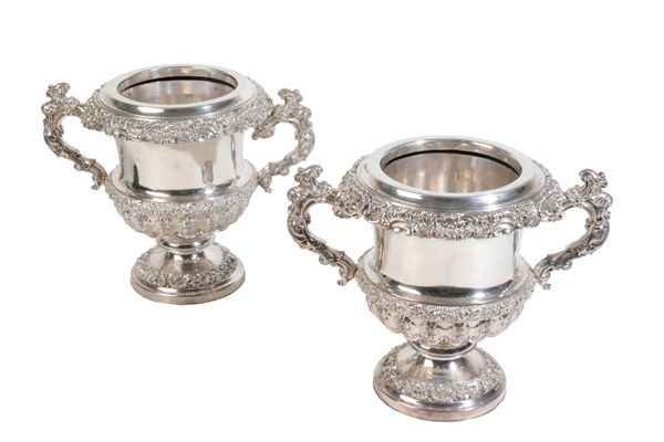 A PAIR OF SILVER PLATED WINE COOLERS,