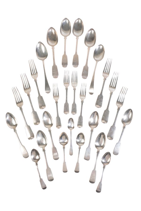 A SELECTION OF MOSTLY VICTORIAN SILVER FLATWARE,