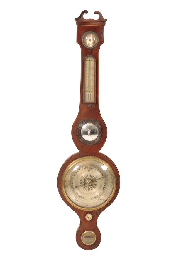 A LATE GEORGE III MAHOGANY WHEEL BAROMETER,