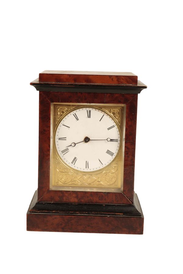 A VICTORIAN BURR WALNUT TABLE CLOCK