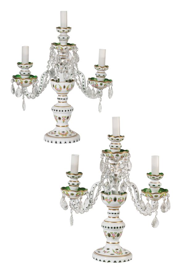 A PAIR OF FRENCH GREEN AND WHITE OVERLAID GLASS THREE LIGHT LUSTRE CANDELABRA,